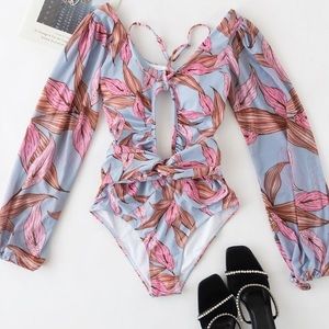 Chicwish mesh sleeve cut out blue pink leaf one piece swimsuit small NWT